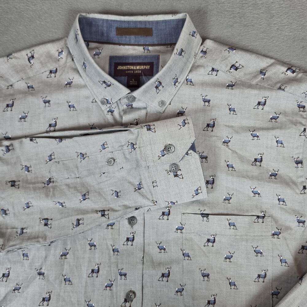 Johnston & Murphy Deer Print Button Down Shirt Men's Large Gray Blue Cotton Casu